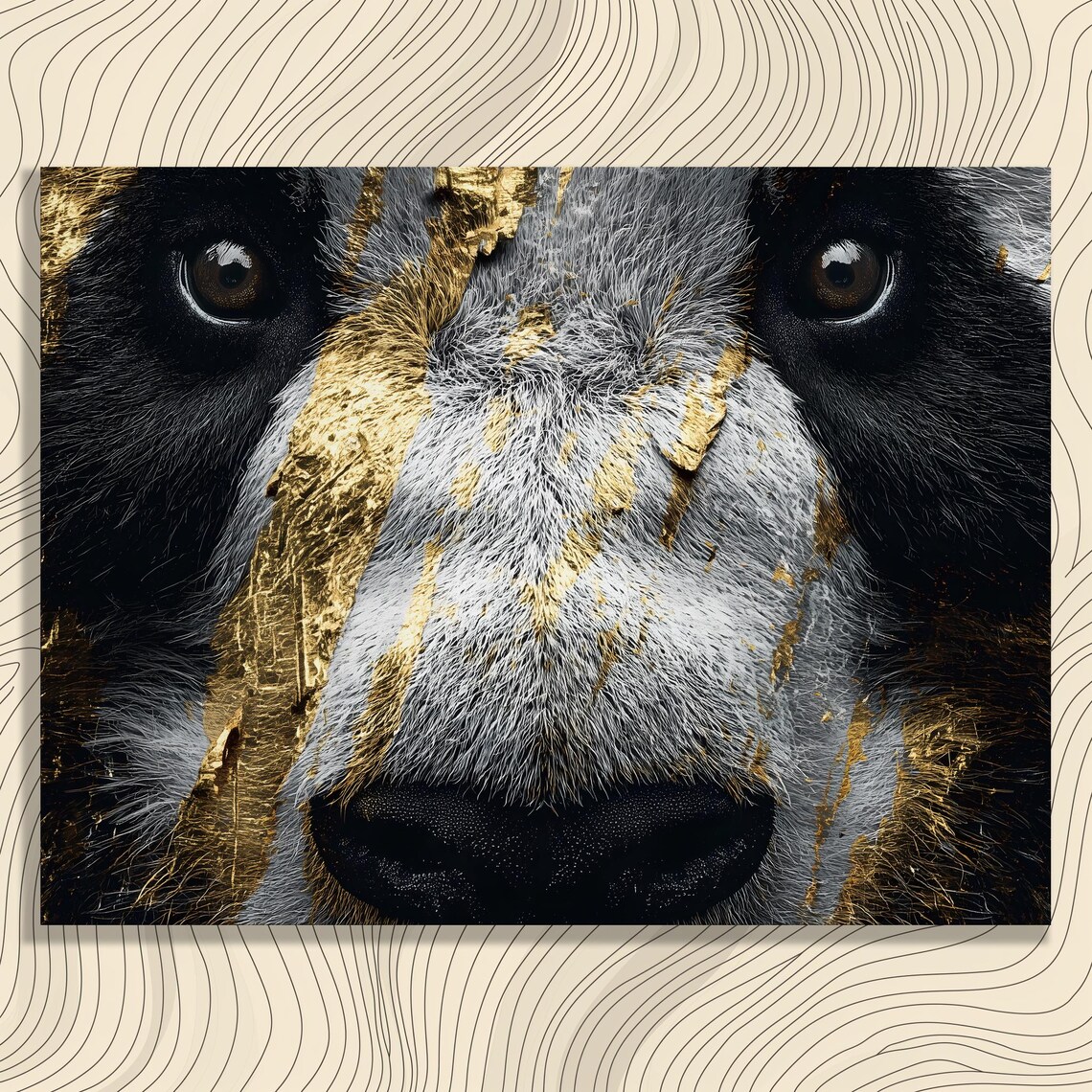 Giant Panda Face Close Up With Gold Leaf Accents Wildlife Wall Art