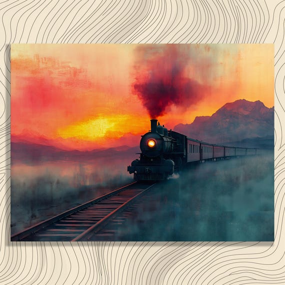 Vintage Train Sunset Canvas Wall Art Misty Mountain Landscape Decor Print Gift For Travelers And Collectors In Impressionist Style