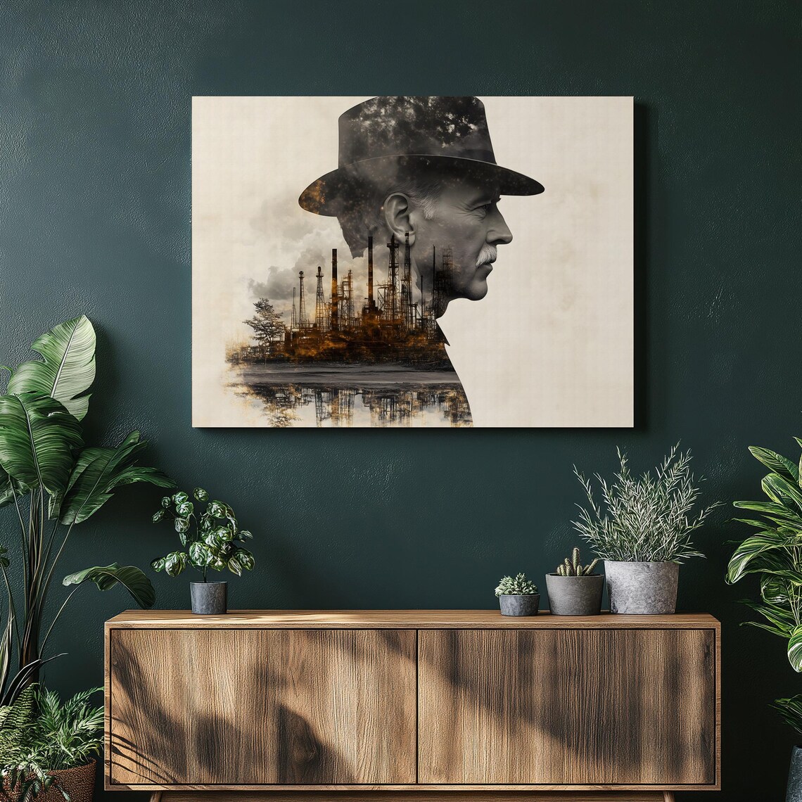 Industrial Oil Refinery Derricks Gentleman Silhouette Wall Art