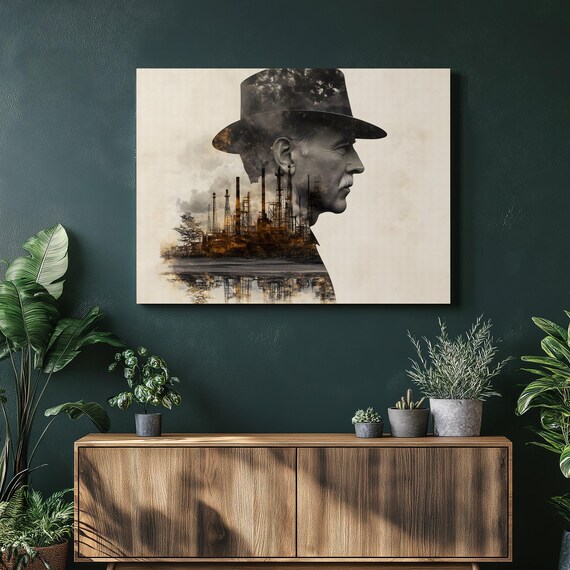 Industrial Oil Refinery Derricks Gentleman Silhouette Wall Art