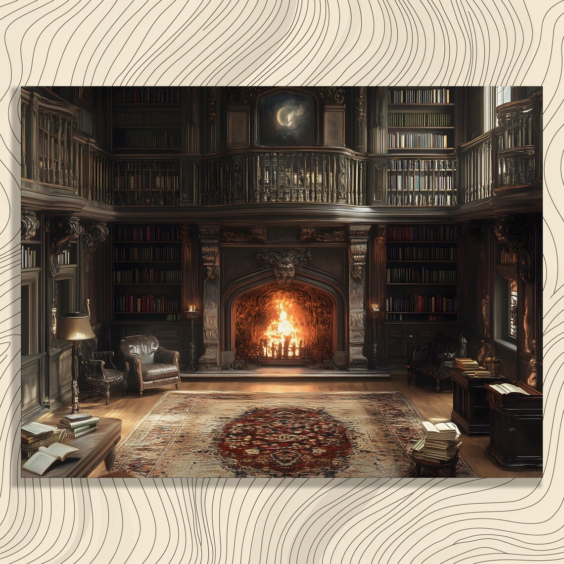 Old Manor Library Grand Fireplace Bookshelves Dark Academia Wall Art