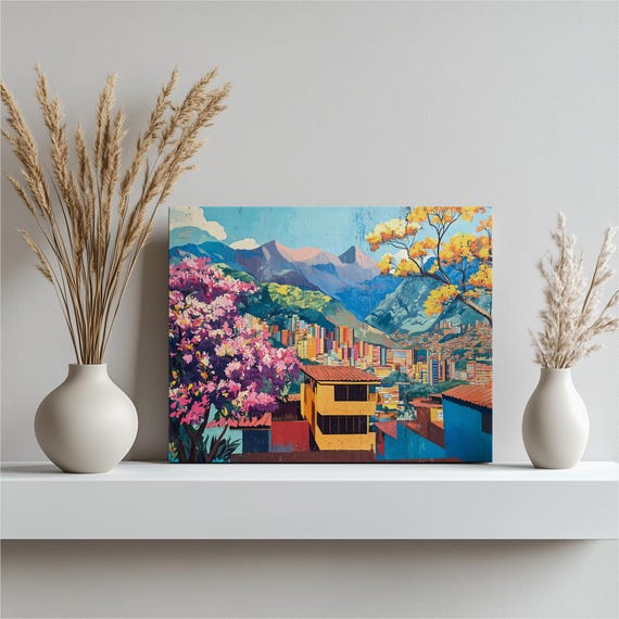 Medellin Cityscape Canvas Wall Art Colorful Colombian Skyline With Andes Mountains Trees And Red Tile Roofs Urban Landscape Decor Print