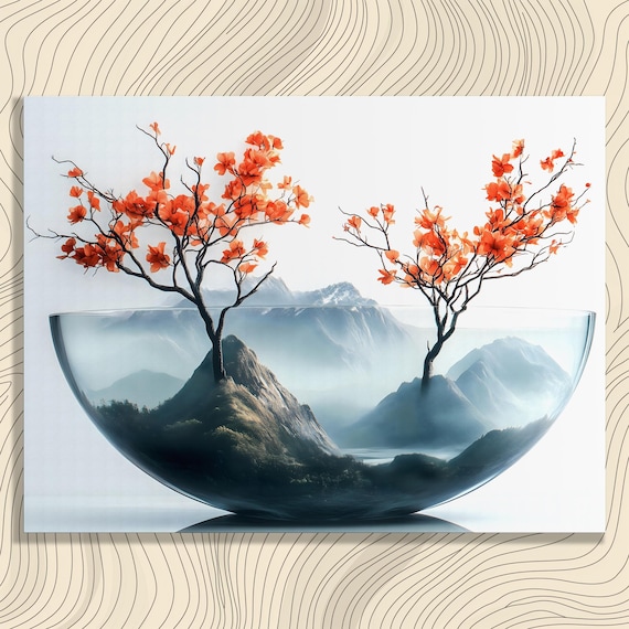 Ikebana Bonsai Canvas Wall Art Glass Bowl Landscape With Orange Blossoms And Misty Mountains Serene Zen Nature Print For Home Decor