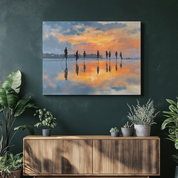 Stilt Fishermen Sunset Silhouette Tropical Ocean Reflection Art Poster
