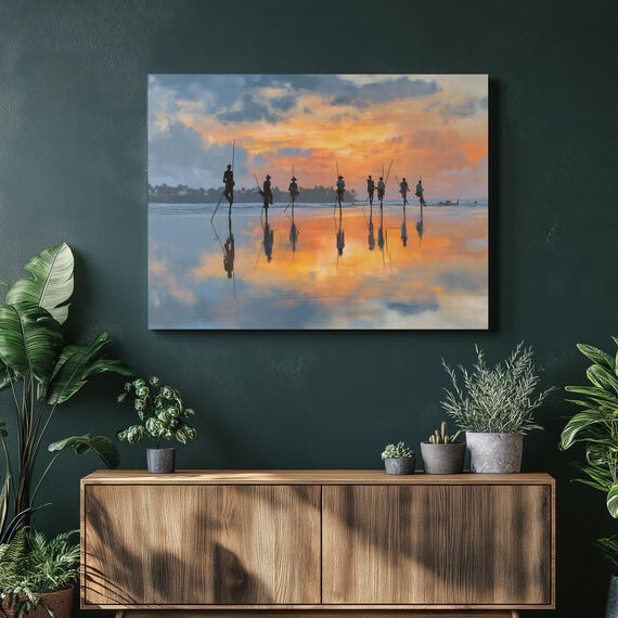 Tropical Sunset Fishermen Canvas Wall Art Coastal Beach Decor Ocean Fishing Painting Print Palm Tree Reflections Gift