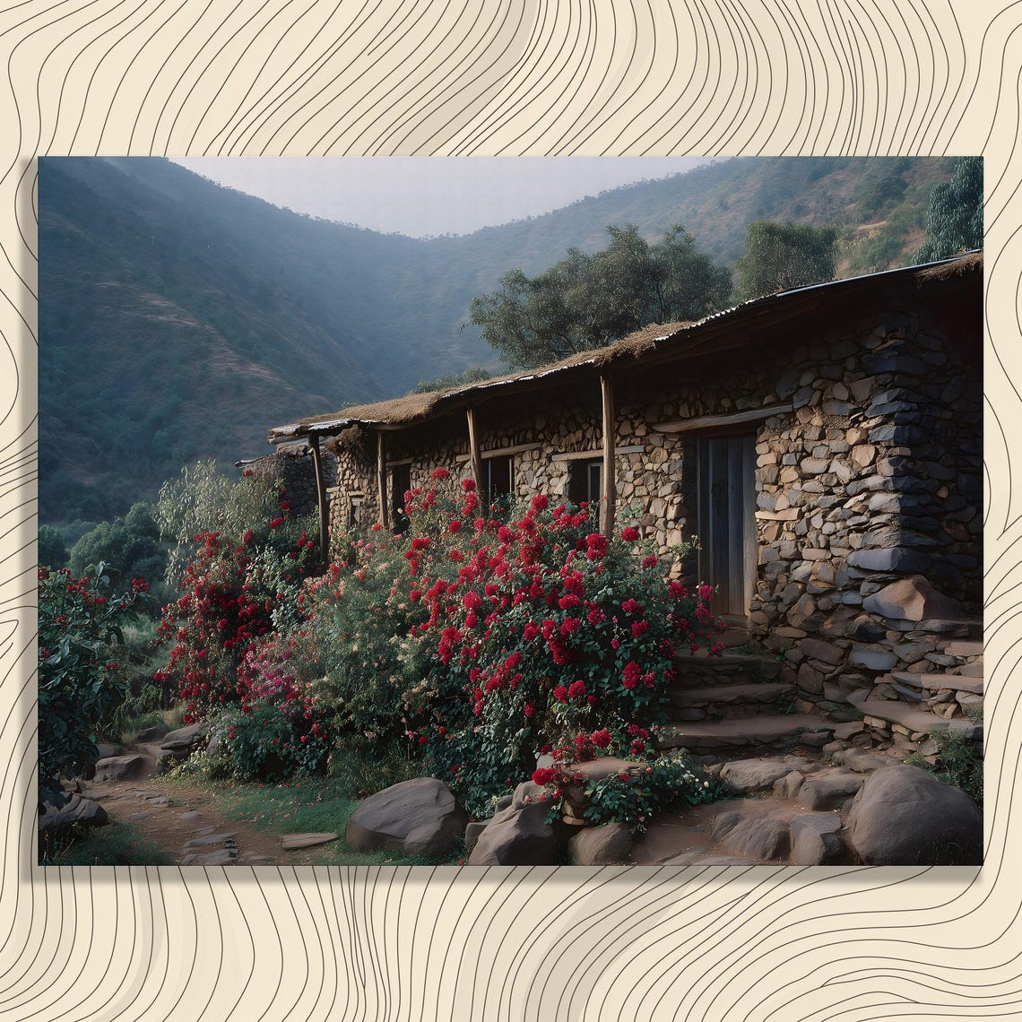 Stone Cottage Red Roses Mountain Village Rustic Photo Wall Poster
