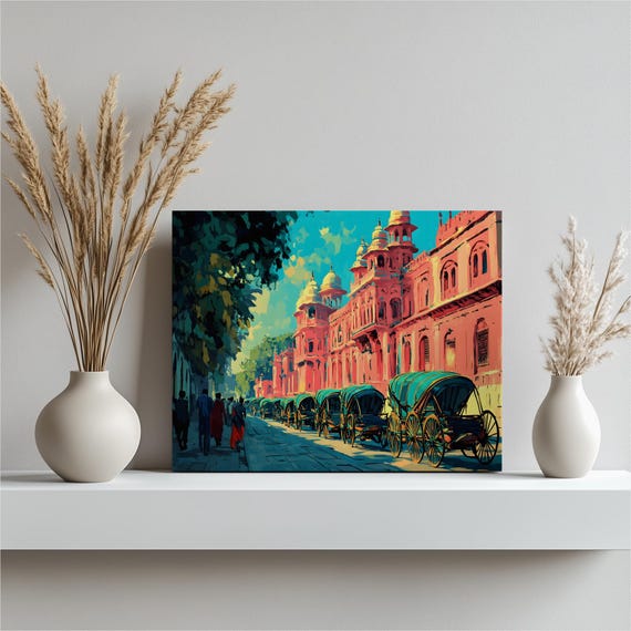 Dhaka Bangladesh Rickshaw Street Canvas Wall Art Ahsan Manzil Pink Palace Cityscape Print In Turquoise Teal Travel Architecture Decor