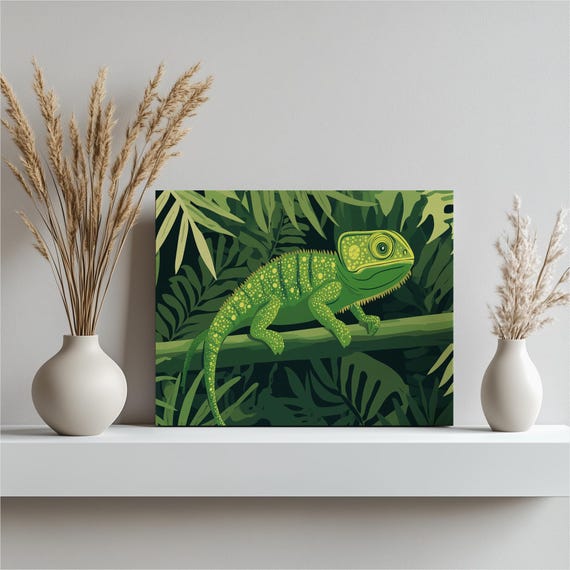 Chameleon Canvas Wall Art Vibrant Green Lizard Jungle Decor For Home Colorful Tropical Nature Print Living Room Bedroom Office