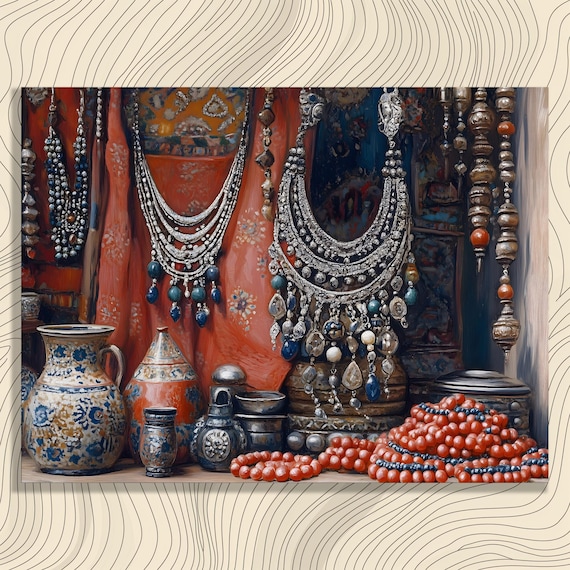 Moroccan Souk Jewelry Canvas Wall Art Berber Silver Necklaces And Coral Beads Market Stall Painting Bazaar Decor Beaded
