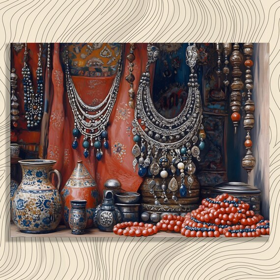 Moroccan Souk Jewelry Poster Berber Silver Necklaces Boho Market Art