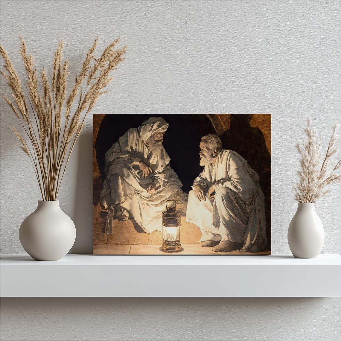 Two Men by Lantern Biblical Night Conversation Rustic Oil Art Poster