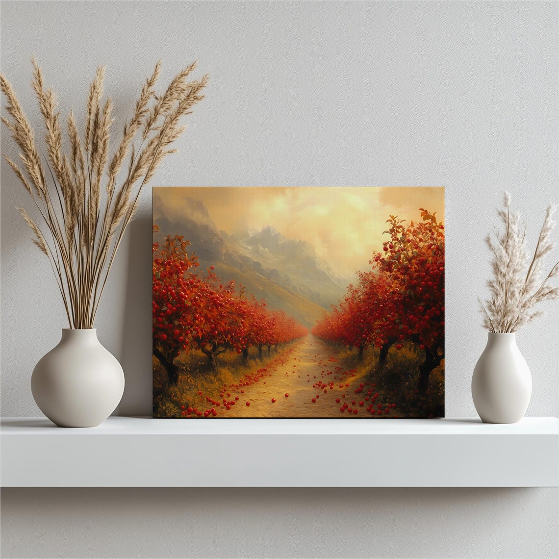 Autumn Orchard Red Pomegranate Trees Golden Mountain View Poster