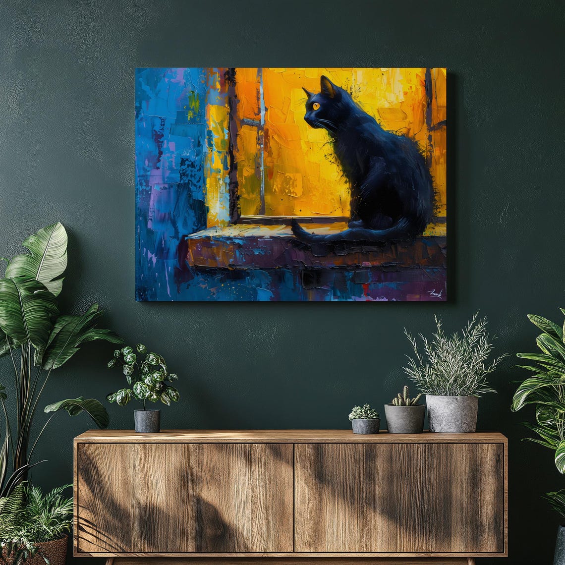 Black Cat on Windowsill Glowing Night Scene Oil Painting Wall Art
