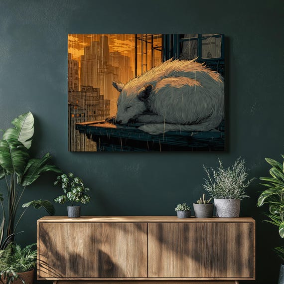 Sleeping Fox Canvas Wall Art Modern Skyline Rooftop Sunset Print Colorful Urban Nightscape Contemporary Animal Decor