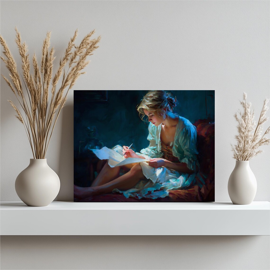 Romantic Woman Writing a Love Letter by Candlelight Oil Painting Print