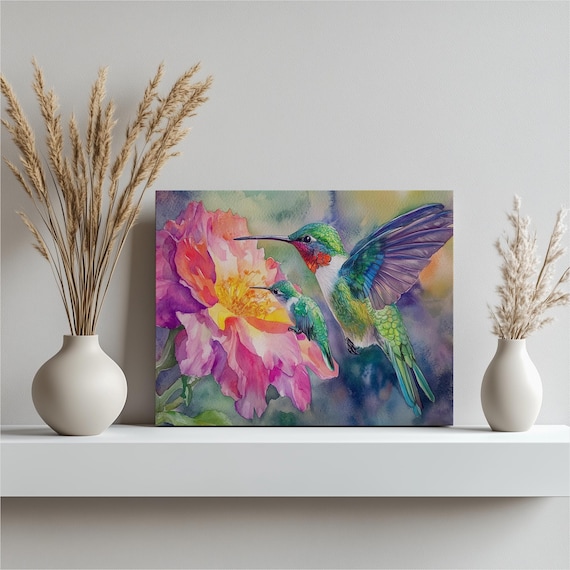 Two Hummingbirds at Pink Flower Watercolor Bird Painting Spring Poster