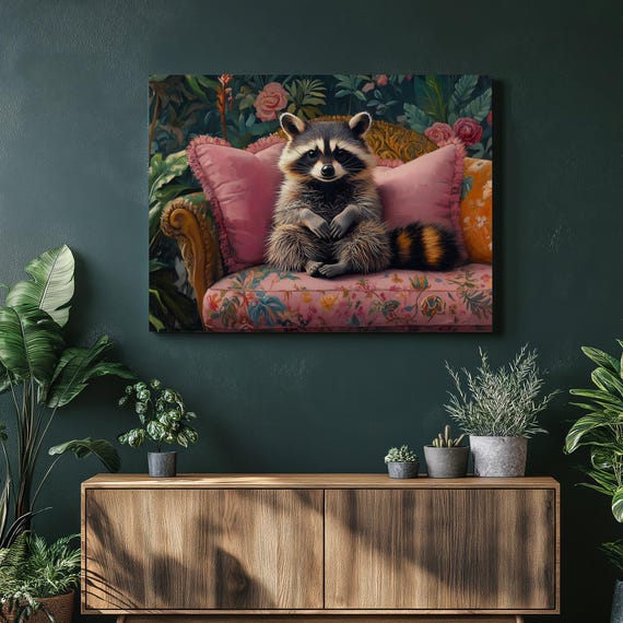 Raccoon Canvas Wall Art In Living Room Pink Cushions Lush Green Plants Floral Patterns Vintage Wallpaper Sofa Elegant Soft Pastel Tones Oil