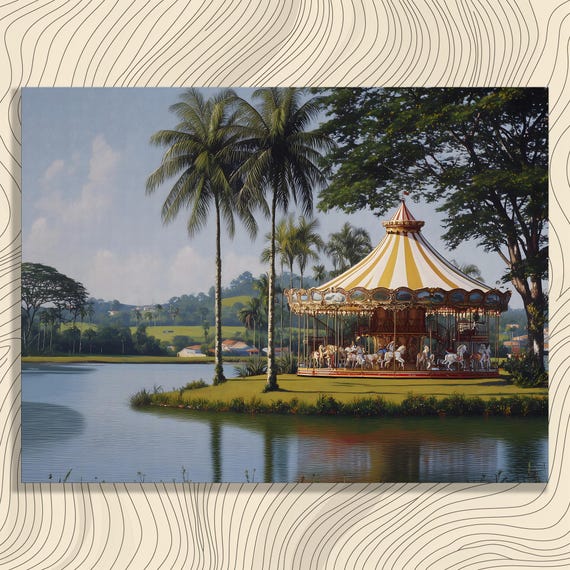 Tropical Carousel Lake Canvas Wall Art Vintage By The With Palm Trees Landscape Water Reflection Merry Go Round