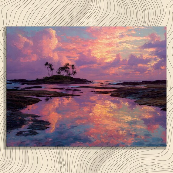 Tropical Sunset Island Palm Trees Pink Sky Seascape Art Poster