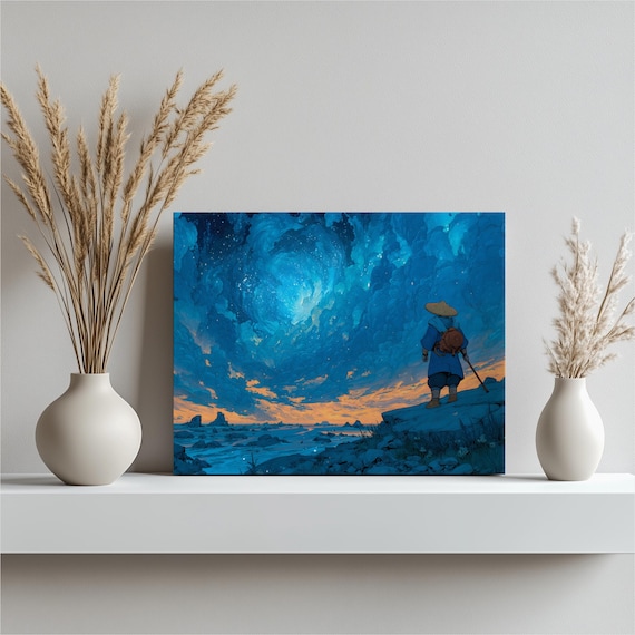 Cosmic Wanderer Poster Starry Night Galaxy Cliffs Fantasy Adventure Art