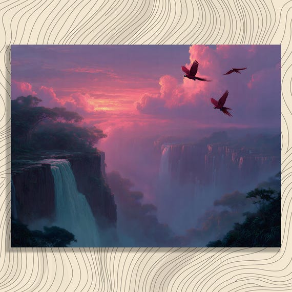Tropical Waterfall Sunset Canvas Wall Art Vibrant Rainforest Macaw Parrots Colorful Jungle Clouds Mist Canyon Pink Purple Sky
