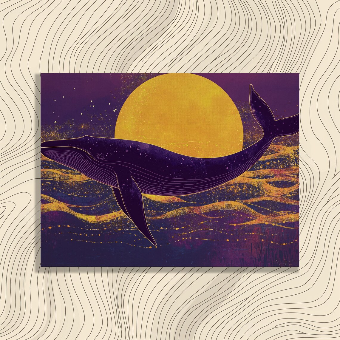 Majestic Whale Beneath Golden Sun Purple Ocean Canvas Art Print