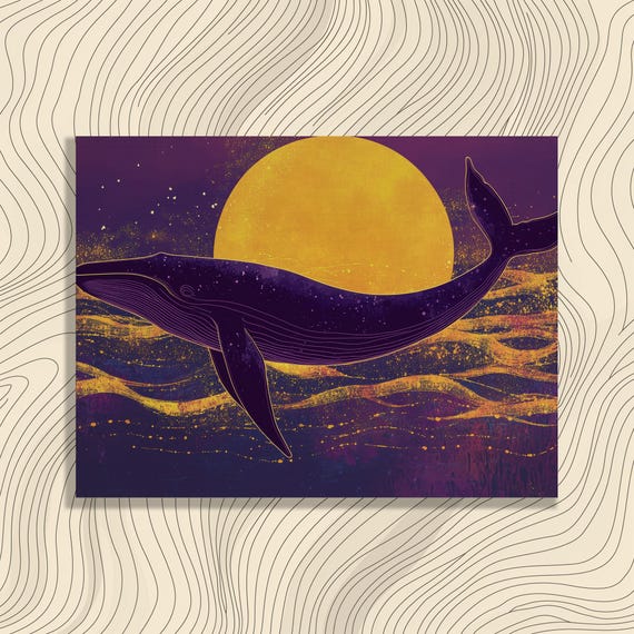 Majestic Whale Canvas Wall Art Beneath Golden Sun Over Purple Sea Ocean Inspired Artwork For Home Decor Beautiful Coastal Theme