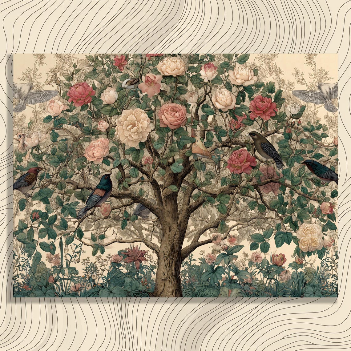 Vintage Blooming Rose Tree with Birds Classic Botanical Art Poster