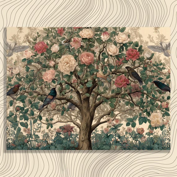 Botanical Birds Canvas Wall Art Vintage Print Rose Tree Bird Illustration Floral Painting Nature Decor Gift