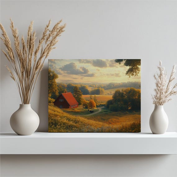 Red Farmhouse Canvas Wall Art Print Country Style Decor Painting Autumn Landscape Gift For Home Office Bedroom Living Room