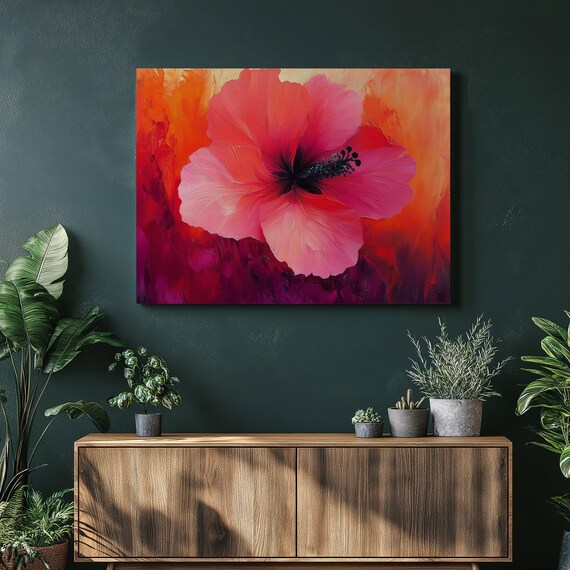 Giant Red Hibiscus Flower Blazing on a Fiery Orange and Magenta Canvas Poster