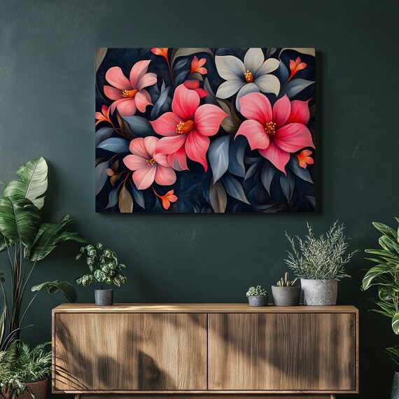 Elegant Pink Floral Bouquet Moody Dark Navy Botanical Poster