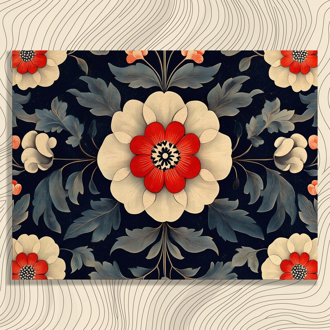 Dark Botanical Floral Pattern Red Cream Blooms Vintage Poster