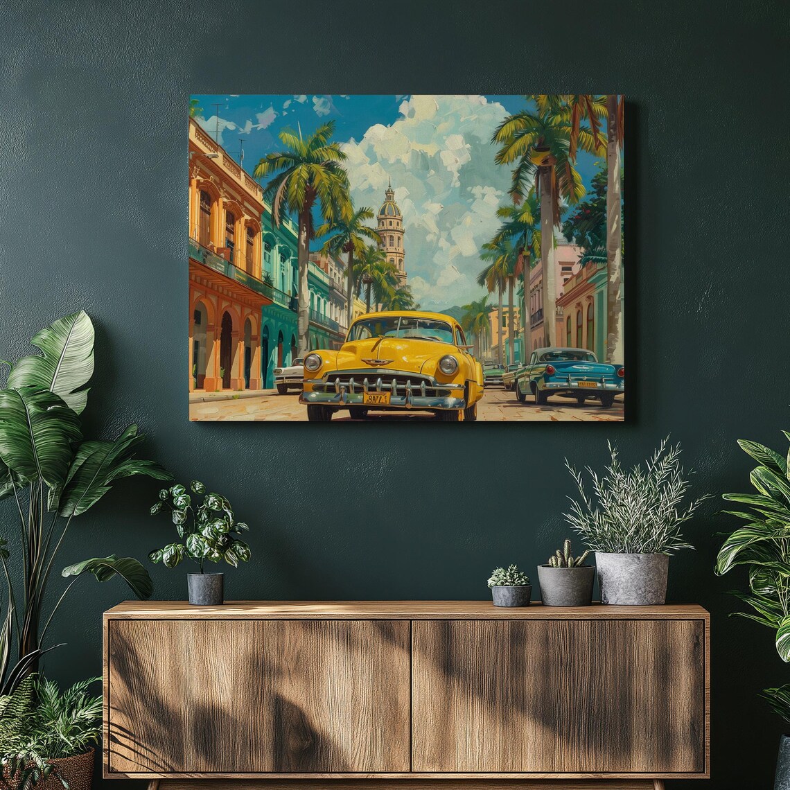Vibrant Cuban Street Scene Classic Cars Colonial Buildings Poster