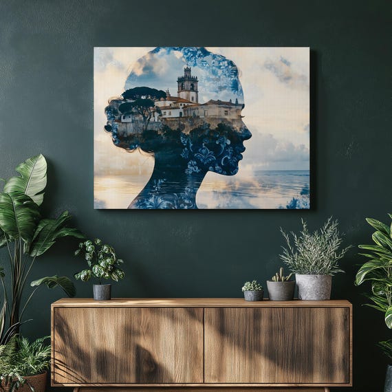 Portuguese Coastal Village Canvas Wall Art Azulejo Tile Silhouette Portrait With Church Tower Atlantic Ocean And Architecture