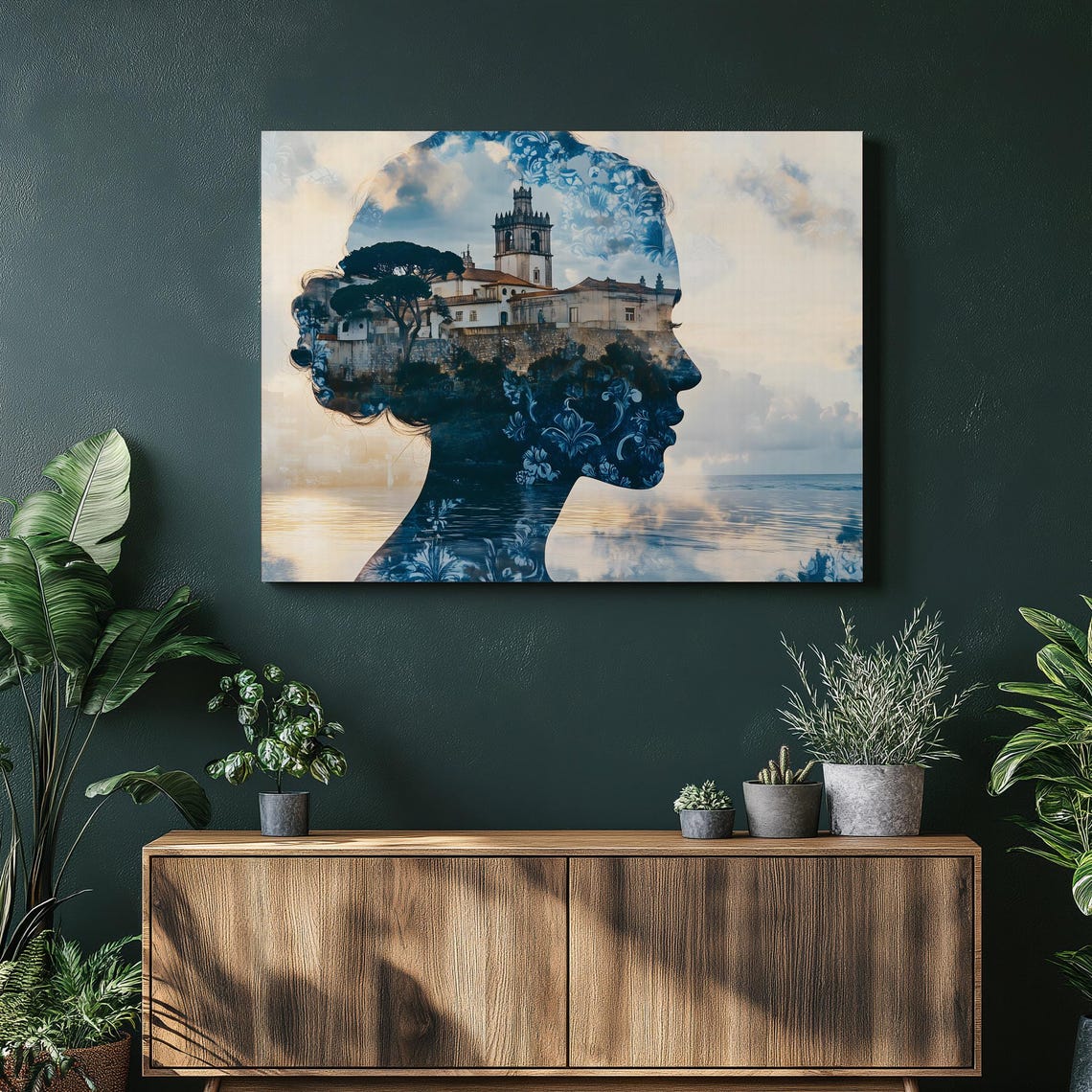 Blue Double Exposure Woman Silhouette European Architecture Poster