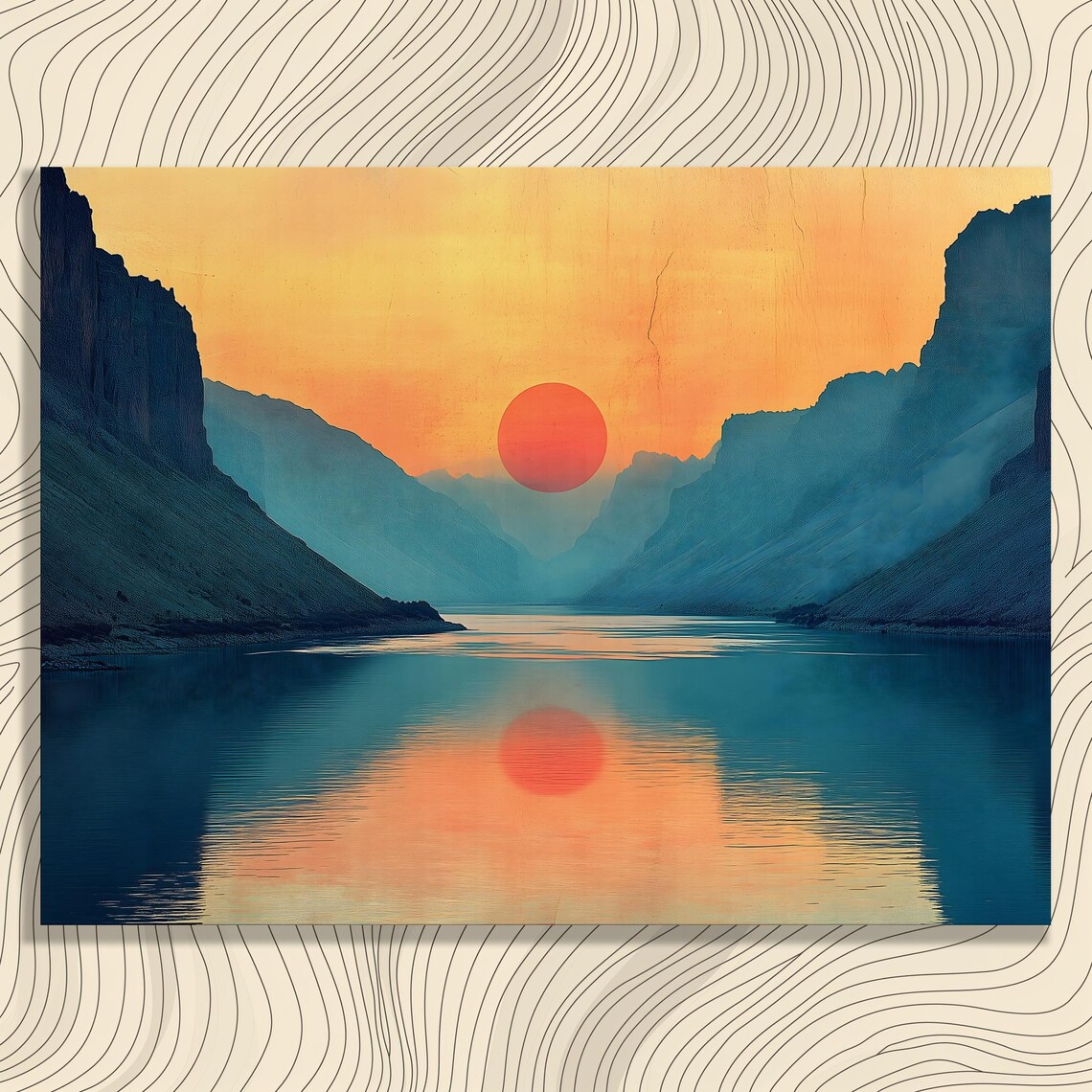 Red Sun Sunset Over Still Lake Canyon Cliffs Reflection Art Print