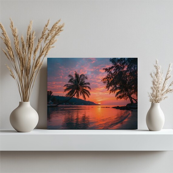 Tropical Beach Sunset Pink Sky Palm Trees Ocean Waves Coastal Art Poster