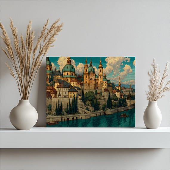 Baroque Cathedral Cityscape Canvas Wall Art European River City Illustration Golden Domes Boats Clouds Modern Decor Print