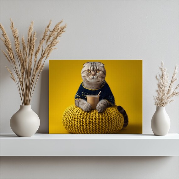 Scottish Fold Cat In Knit Sweater With Coffee Cute Art Print