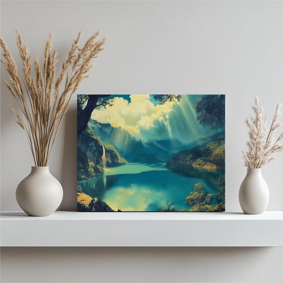 Mystical Mountain Lake Canvas Wall Art Sunlit Waterfall And Tropical Lagoon Landscape With Radiant Clouds Serene Water Nature Print