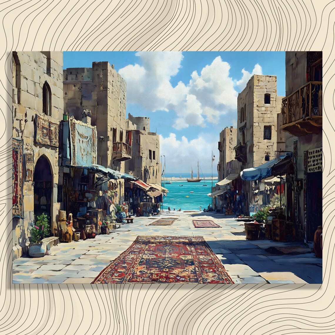 Sunlit Coastal Old Town Street Rug Bazaar Sailboat Sea View Poster