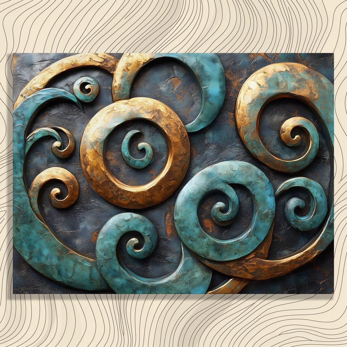 Gold Teal Abstract Spiral Waves 3D Metallic Texture Art Poster