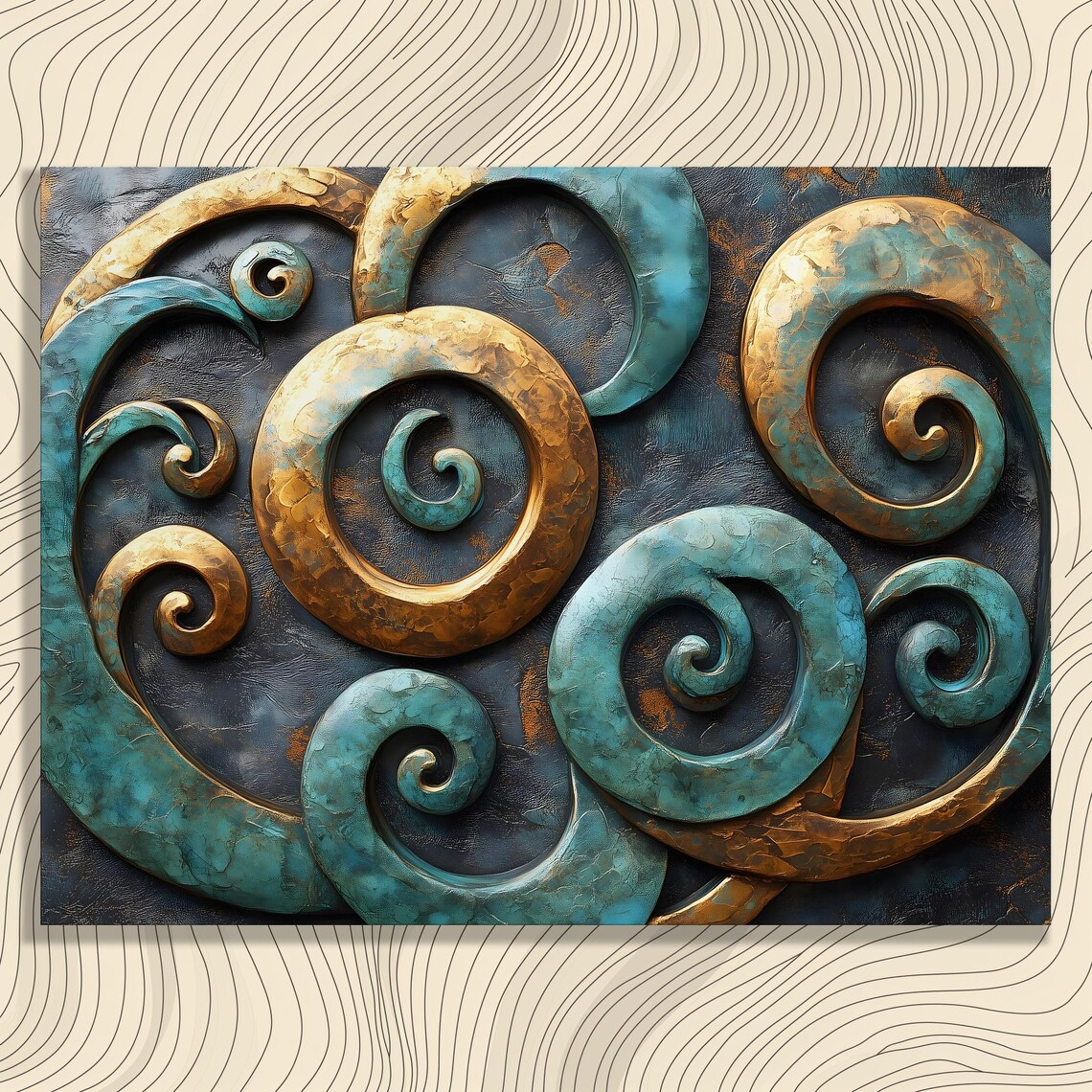 Stunning Abstract Canvas Wall Art Turquoise Swirls Texture Painting Pattern Zentangle Burnished Bronze Spirals Modern Print