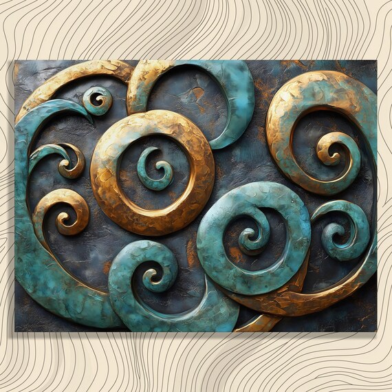 Stunning Abstract Canvas Wall Art Turquoise Swirls Texture Painting Pattern Zentangle Burnished Bronze Spirals Modern Print