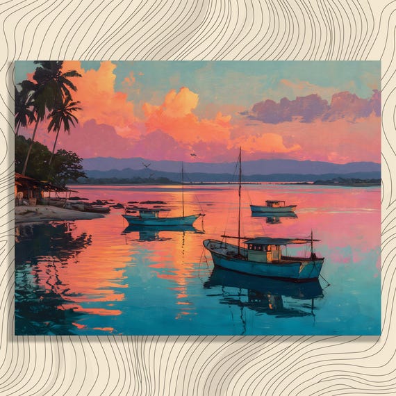 Tropical Sunset Boats Canvas Wall Art Coastal Harbor Seascape Palm Trees Fishing Ocean Painting Print Colorful Beach Decor