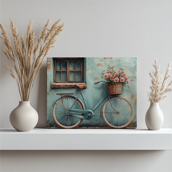 Vintage Bicycle With Flower Basket Rustic Farmhouse Art Poster