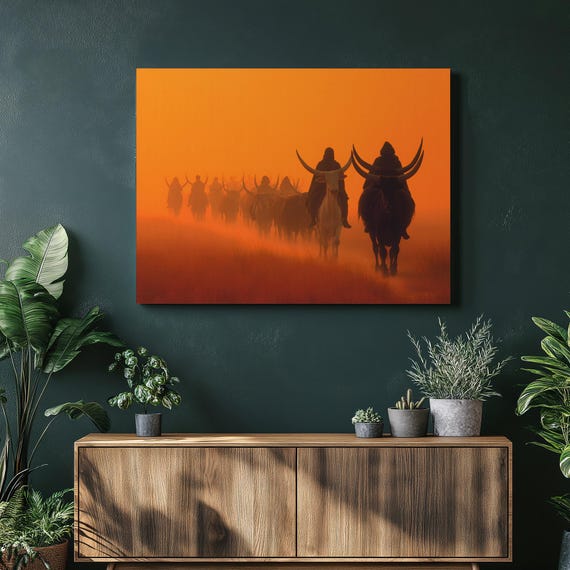 Western Cattle Drive Canvas Wall Art Longhorn Herd Silhouettes At Sunset Rustic Farmhouse Decor Cowboy Accents Landscape