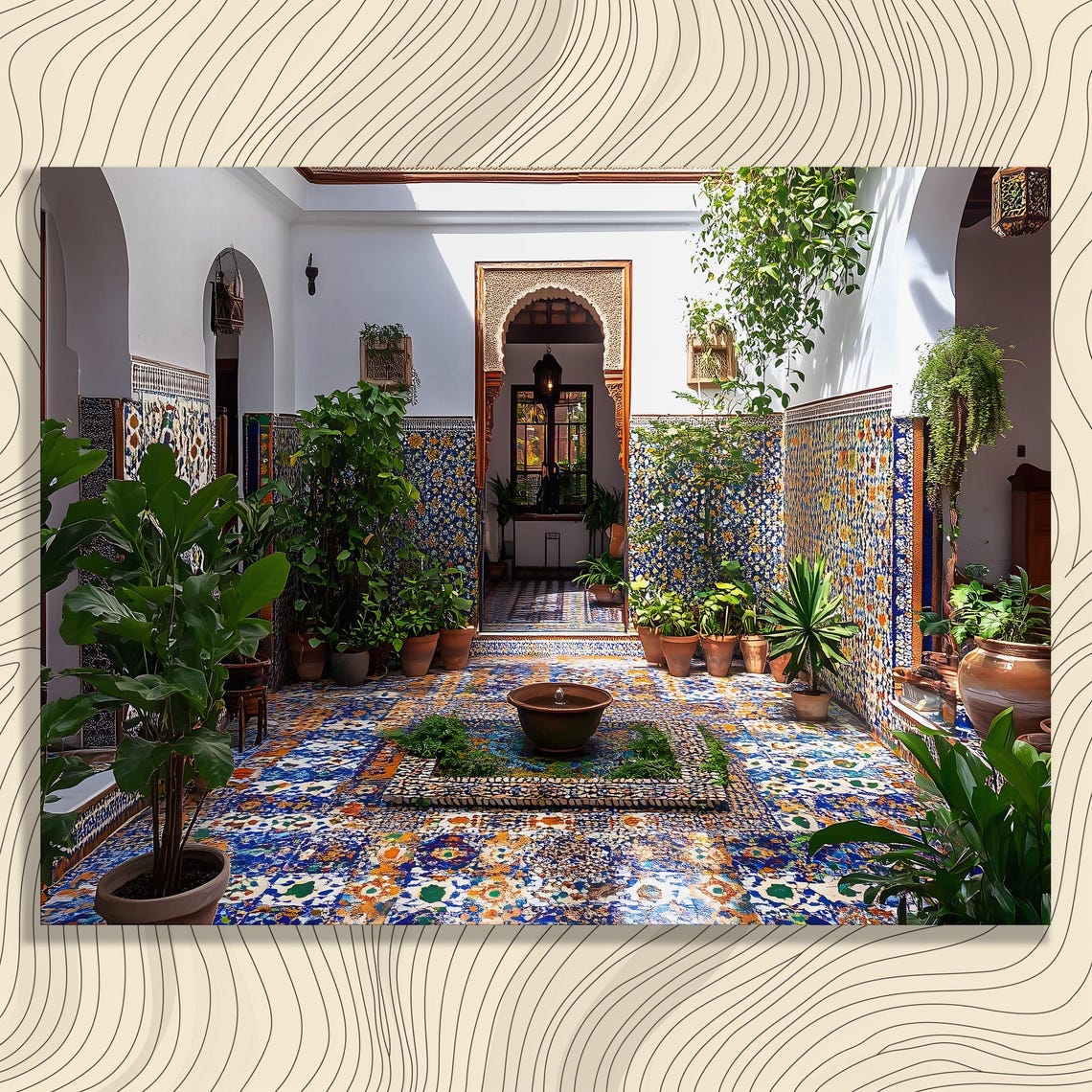Moroccan Riad Courtyard Colorful Mosaic Tile Garden Scene Poster