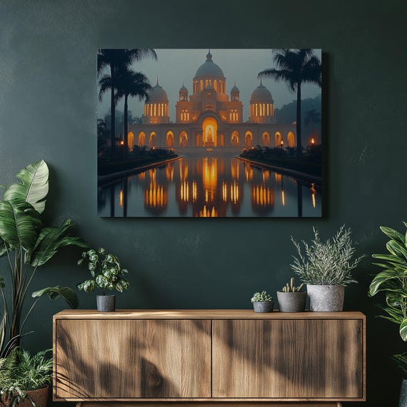 Cote Divoire Canvas Wall Art Print Painting Decor Gift Grand Basilica Architecture Palm Trees Dusk Reflection Ivorian Heritage Home